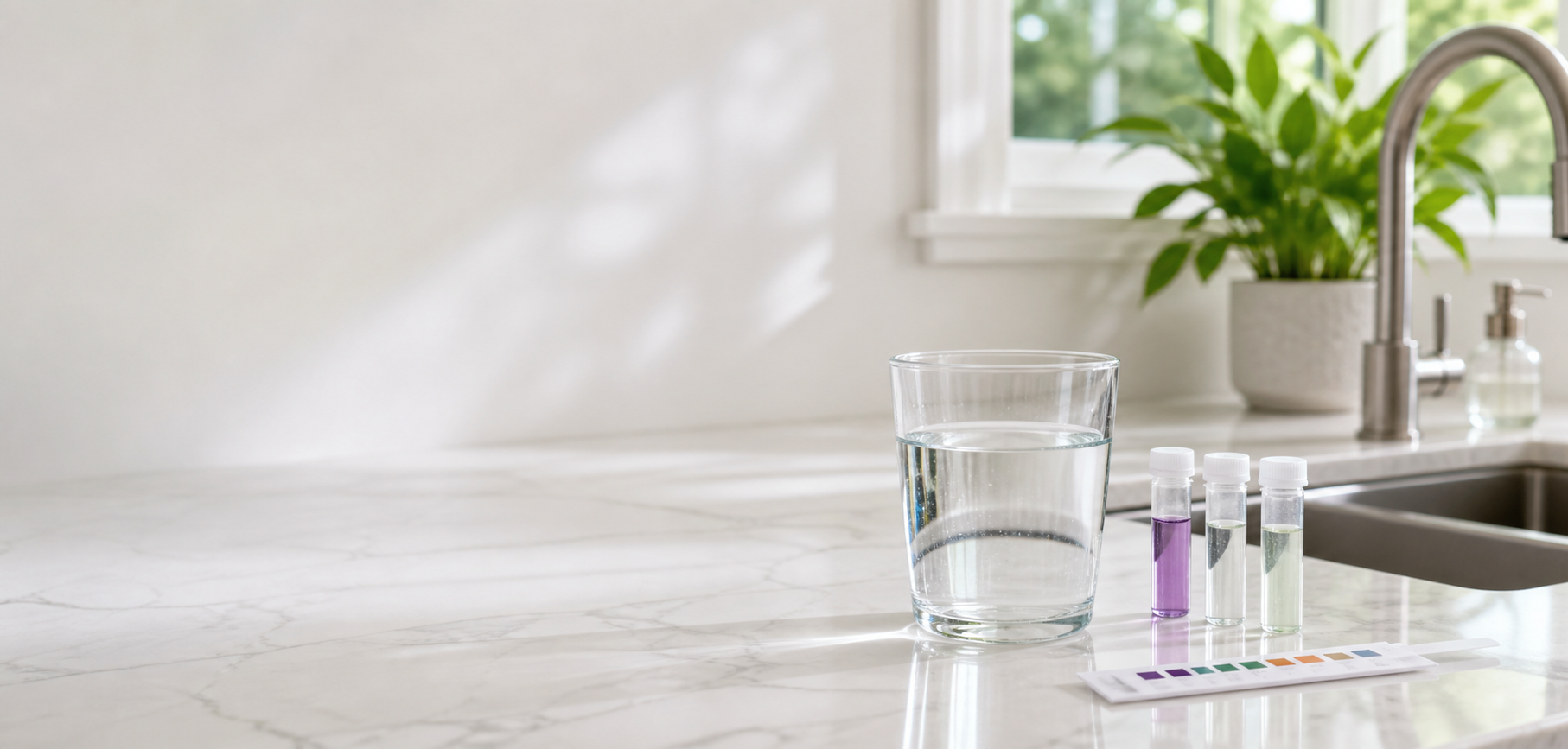 A clear glass of drinking water beside simple testing supplies on a kitchen counter